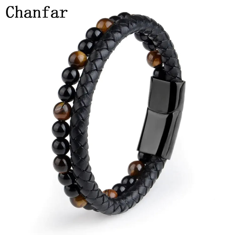 Sleek black braided leather and tiger eye bead bracelet with bold magnetic clasp, exuding unique style