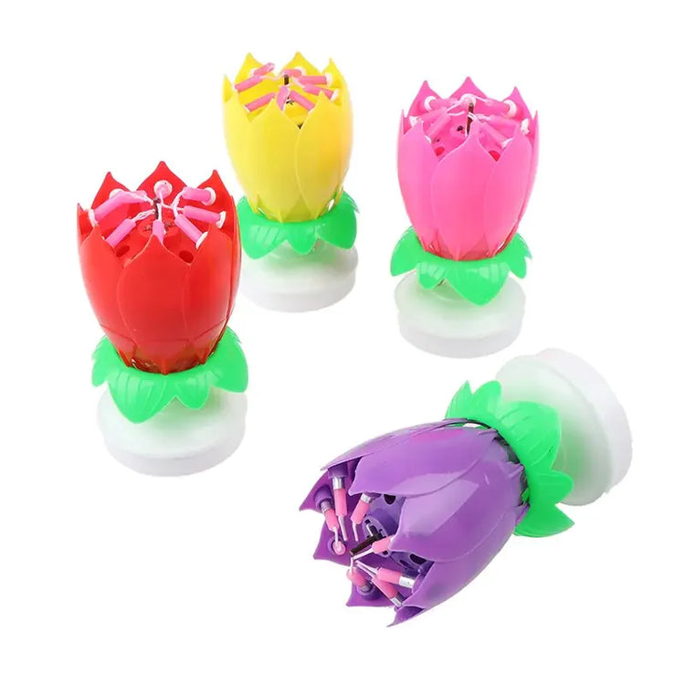 Colorful tulip-shaped decorative flower candles with vibrant petals and green leaves, inviting curiosity.