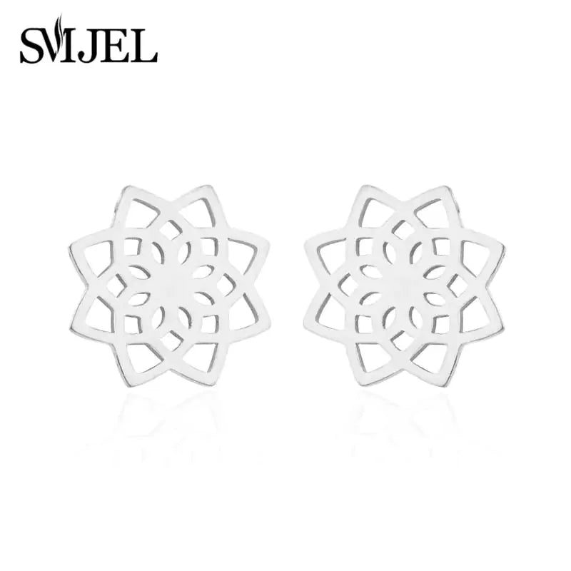Intriguing silver mandala stud earrings, geometric floral design, modern and unique jewelry