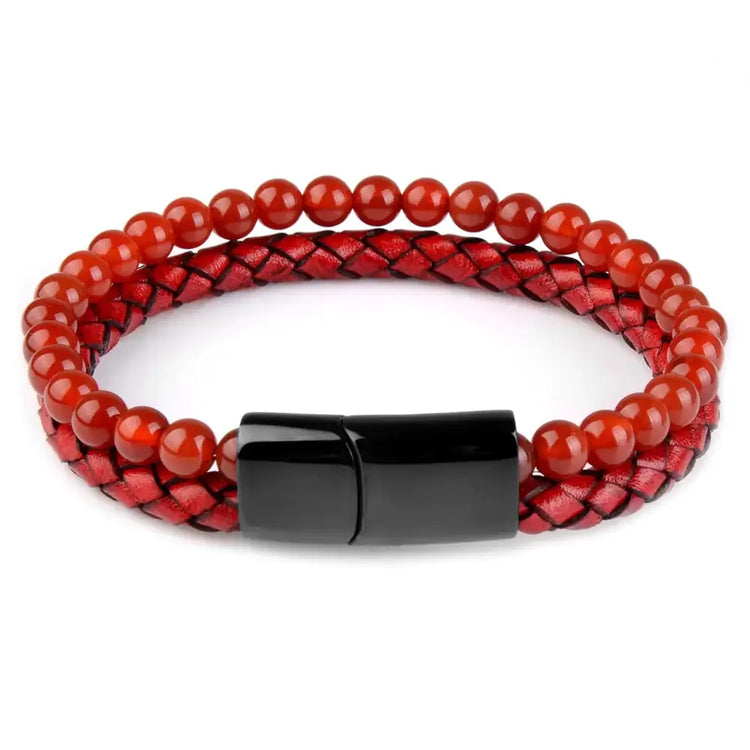 Intriguing red beaded and braided leather bracelet with bold black magnetic clasp