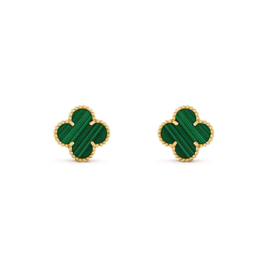 Elegant green malachite clover stud earrings with gold trim, perfect for unique style seekers.
