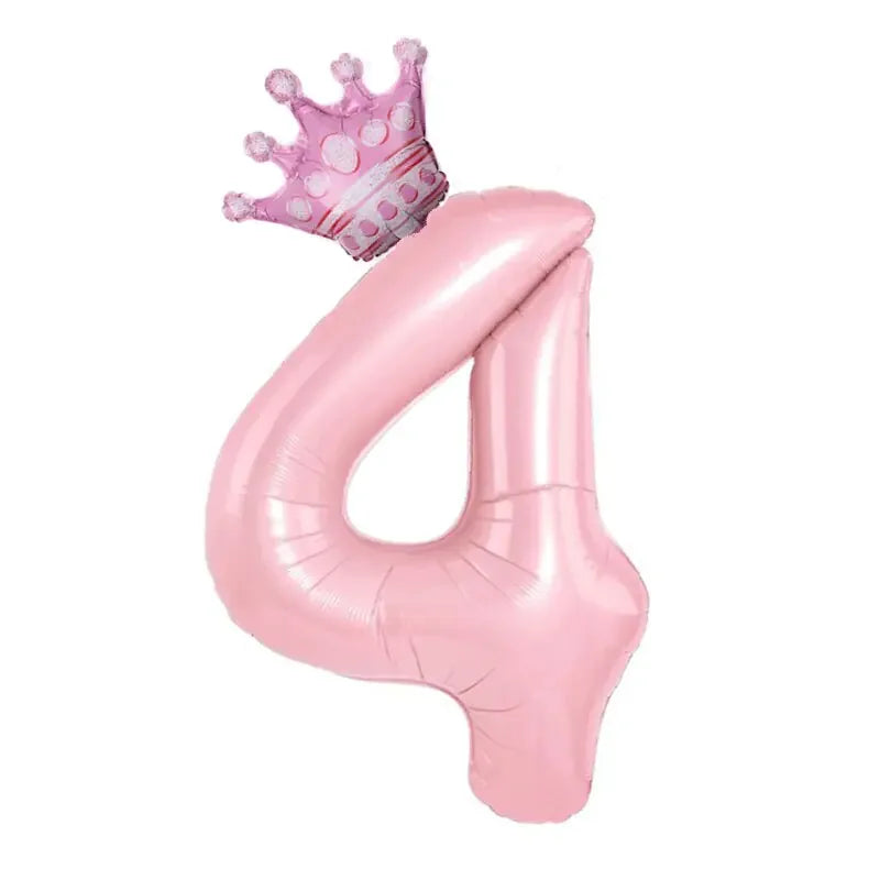 Whimsical pink number 4 balloon with a crown, unique birthday party décor accent.