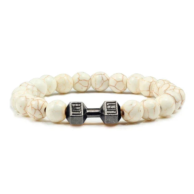 Curious white marbled bead bracelet with a unique metal dumbbell charm, perfect for stylish decor