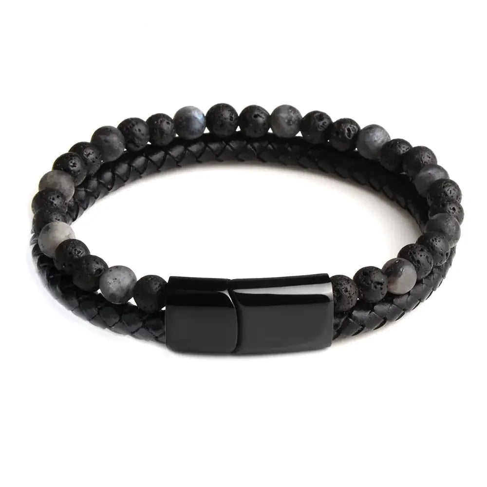 Modern black lava stone and braided leather bracelet with sleek magnetic clasp, eye-catching and unique.
