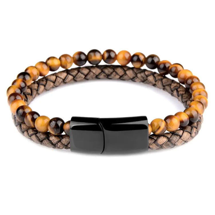 Distinctive tiger eye beaded and braided leather bracelet with bold black magnetic clasp