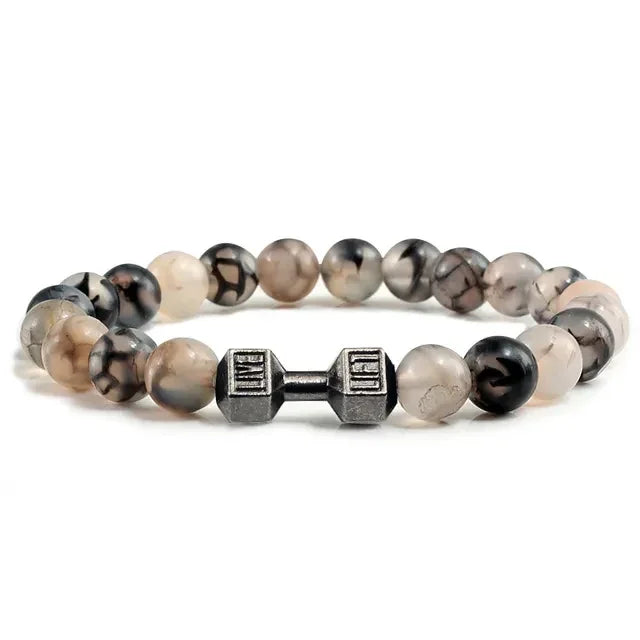 Curious beaded bracelet with marble agate stones and unique metal dumbbell charm