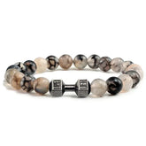 Curious beaded bracelet with marble agate stones and unique metal dumbbell charm