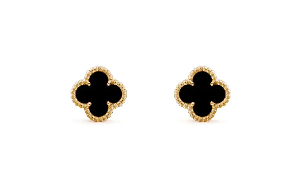 Elegant black clover stud earrings with gold beaded trim, uniquely stylish and eye-catching.
