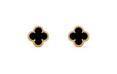 Elegant black clover stud earrings with gold beaded trim, uniquely stylish and eye-catching.