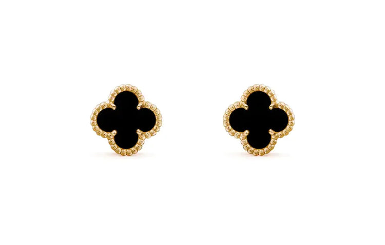 Elegant black clover stud earrings with gold beaded trim, uniquely stylish and eye-catching.