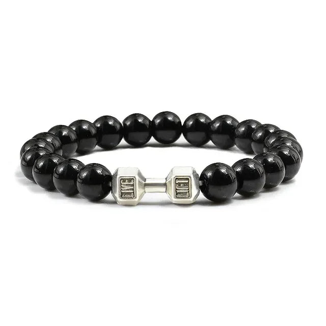Sleek black beaded bracelet with unique silver dumbbell charm, perfect for bold style
