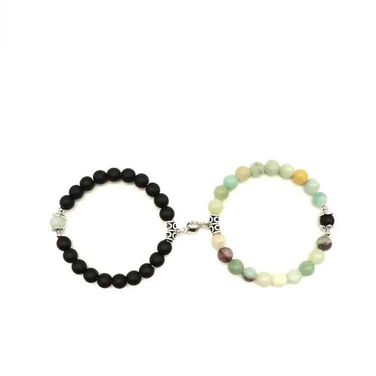 Intriguing beaded bracelets set with black and multicolor stones, silver accent connectors