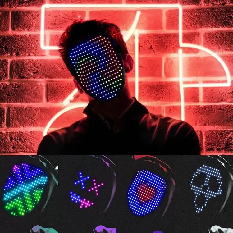 Colorful LED face mask with light-up designs, perfect for unique party style or festival flair.