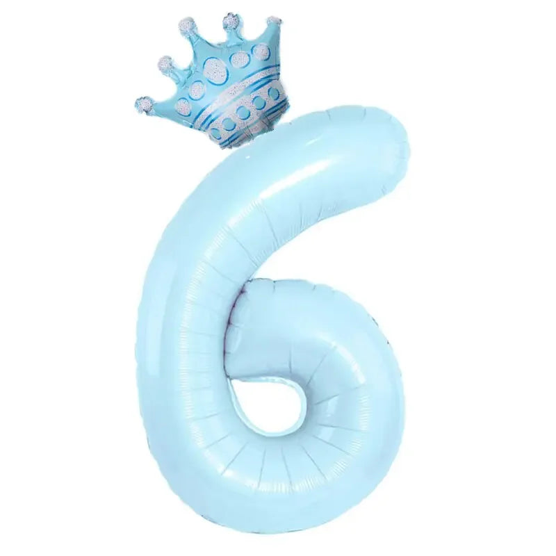 Shiny light blue number 6 balloon topped with a playful crown, perfect for unique party décor.