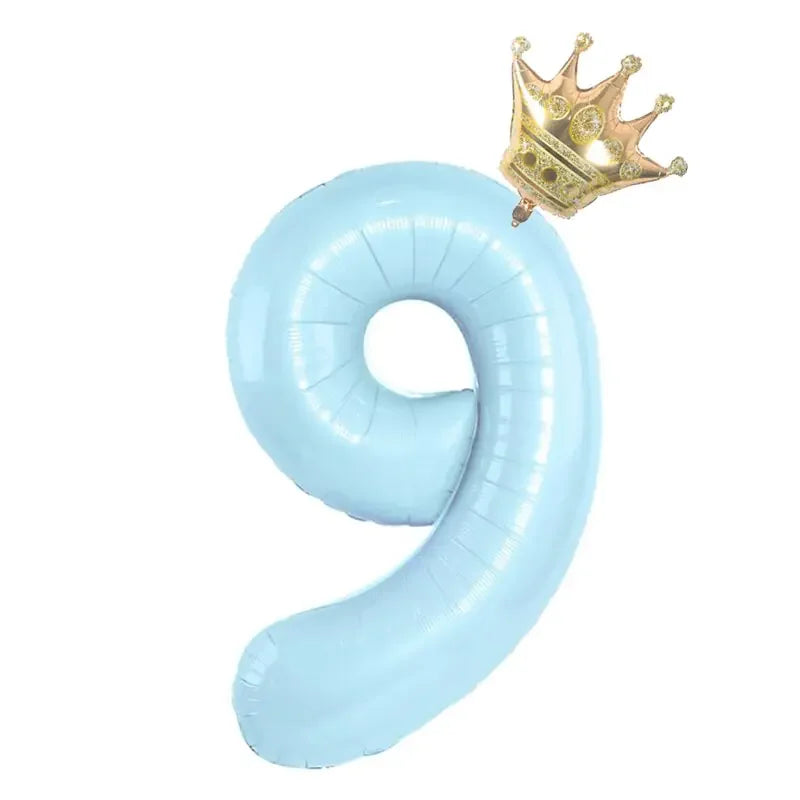 Light blue number nine balloon with gold crown, unique party decor idea
