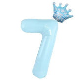Light blue number 7 balloon with a whimsical crown, perfect for unique party decor