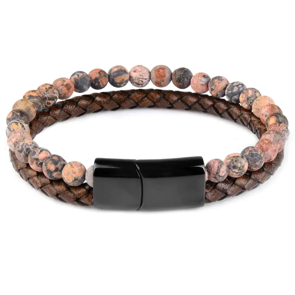 Intriguing dual-strand bracelet with natural stone beads and braided brown leather, bold black clasp