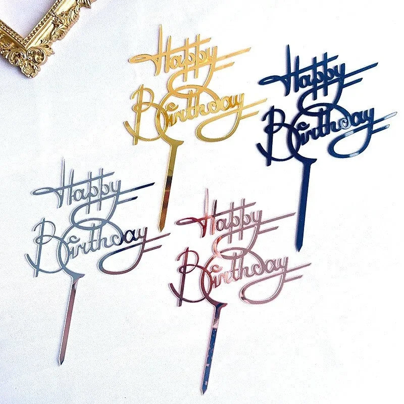 Elegant Happy Birthday cake toppers in gold, silver, and rose gold, perfect for unique celebrations.
