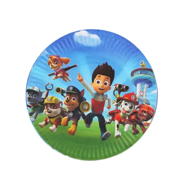 Colorful paper plate with playful cartoon characters and bright blue sky, perfect for kids&