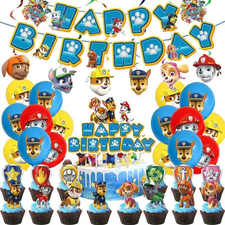 Delightful Paw Patrol birthday party supplies set with colorful balloons, toppers, and banner