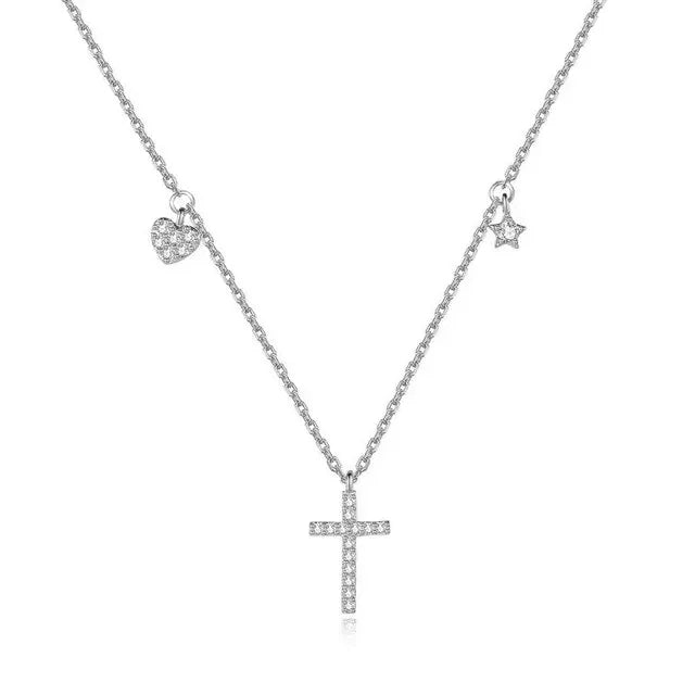 Sparkling silver necklace with cross, heart, and star charms for a unique statement look.