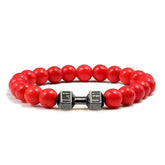 Bold red beaded bracelet with unique metal dumbbell charm, perfect for standout style