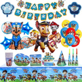 Vibrant Paw Patrol birthday party set with themed balloons, plates, hats, and banners, sparking curiosity.
