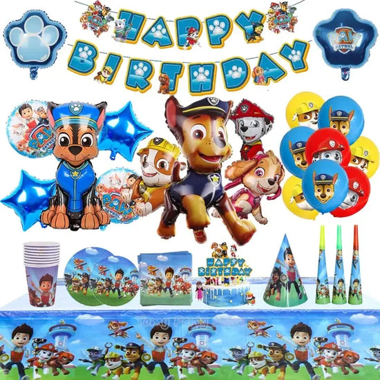 Vibrant Paw Patrol birthday party set with themed balloons, plates, hats, and banners, sparking curiosity.