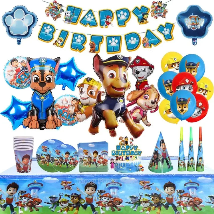 Vibrant Paw Patrol birthday party set with themed balloons, plates, hats, and banners, sparking curiosity.