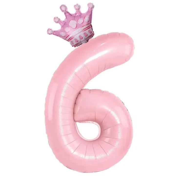 Charming pink number 6 balloon with a crown, perfect for magical birthday decor