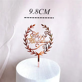 Elegant rose gold Happy Birthday cake topper with laurel wreath design, measuring 9.8cm.