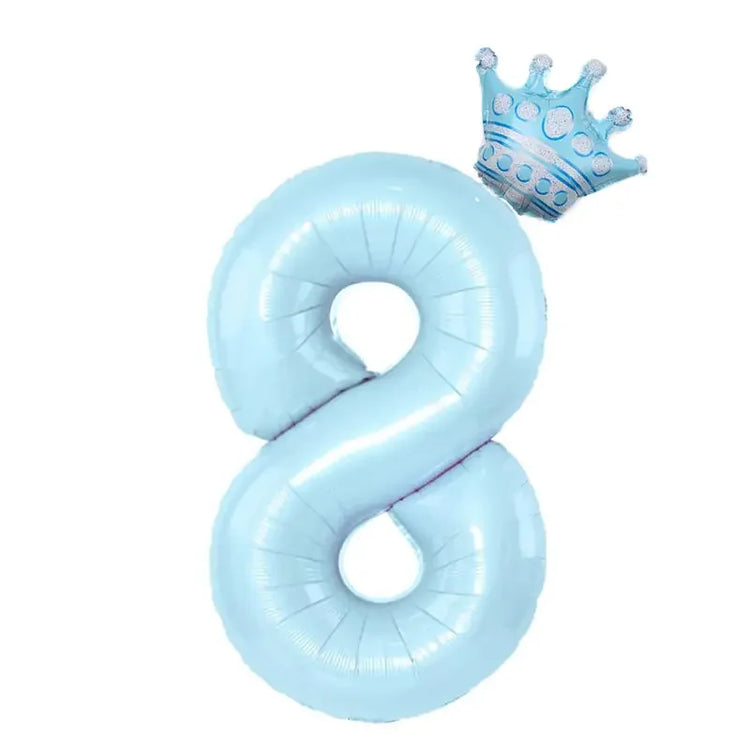 Charming blue number 8 balloon with a crown, perfect for unique party decor