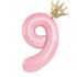 Charming pink number nine balloon with a gold crown, perfect for unique party décor.