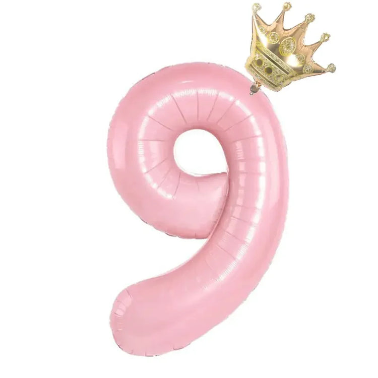 Charming pink number nine balloon with a gold crown, perfect for unique party décor.