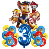 Colorful Paw Patrol themed balloons with large blue number 3, perfect for unique birthday décor.