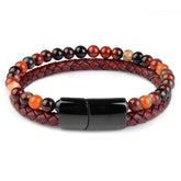 Unique red braided leather bracelet with multicolor gemstone beads and glossy black clasp
