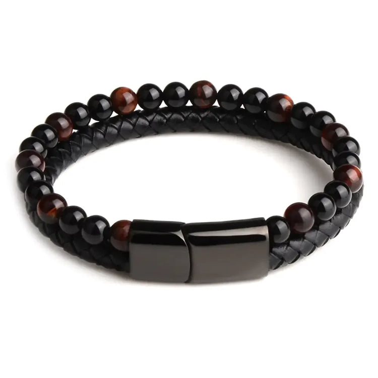 Striking leather and bead bracelet with magnetic clasp, perfect for a bold unique style