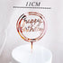 Rose gold acrylic happy birthday cake topper with stylish script, elevating any celebration.