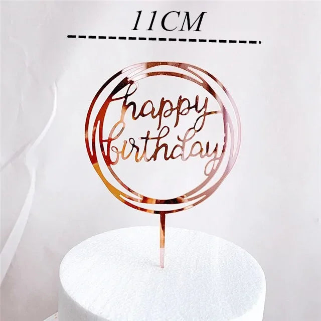 Rose gold acrylic happy birthday cake topper with stylish script, elevating any celebration.
