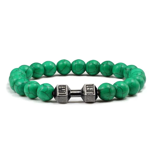 Striking green beaded bracelet with unique silver dumbbell charm, perfect for fitness lovers.