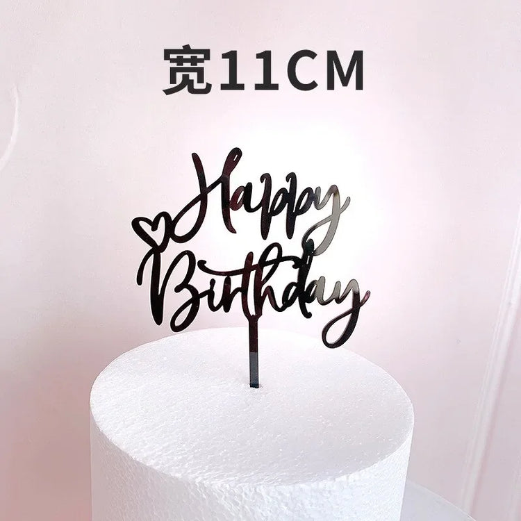 Elegant black Happy Birthday cake topper with heart accent, perfect for unique party décor