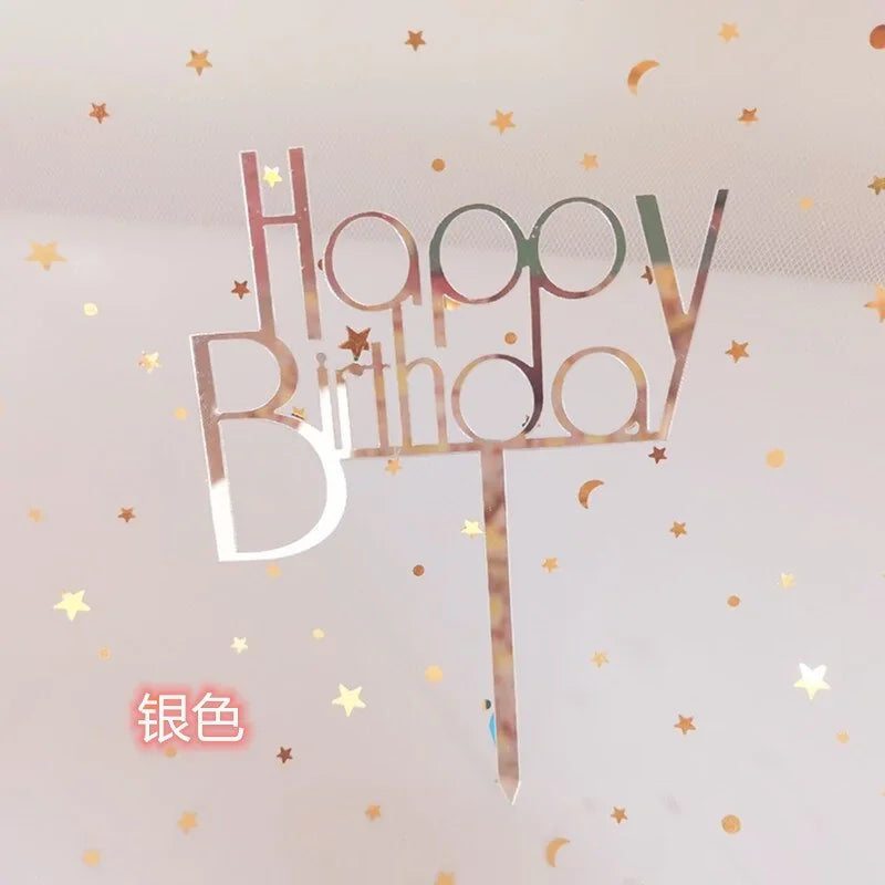 Shimmery silver Happy Birthday cake topper with star confetti, perfect for unique celebrations