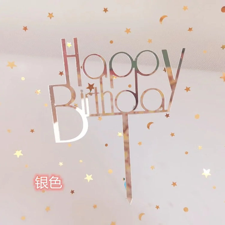 Shimmery silver Happy Birthday cake topper with star confetti, perfect for unique celebrations