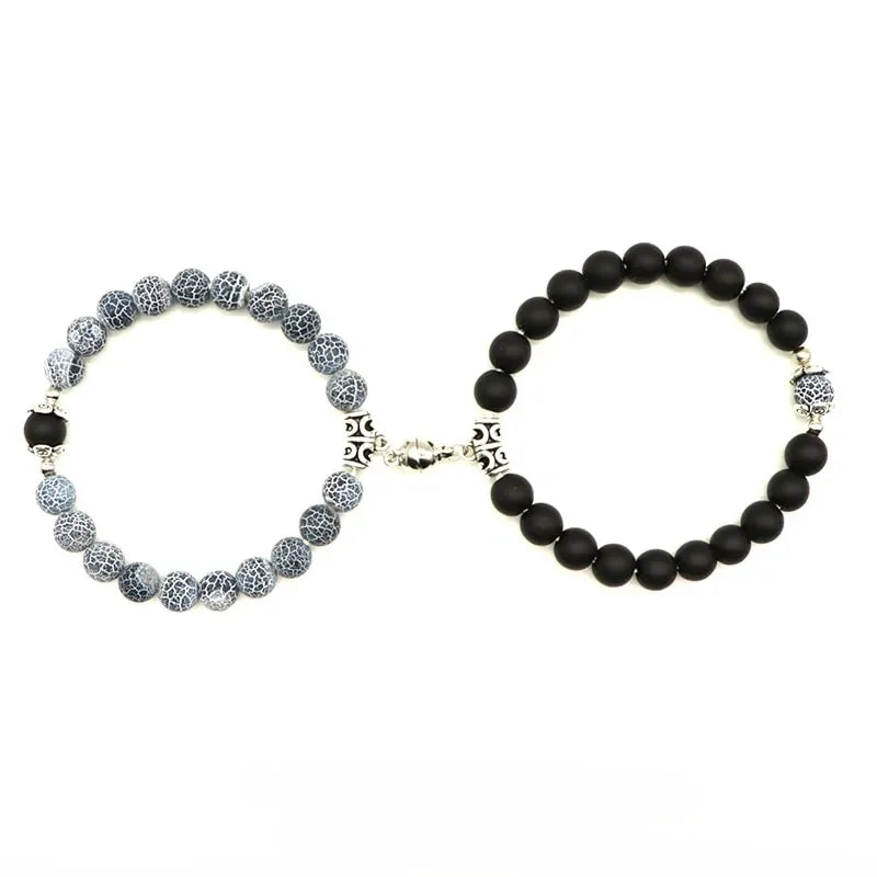 Unique matching set of black matte and crackle stone bead bracelets with intricate silver accents