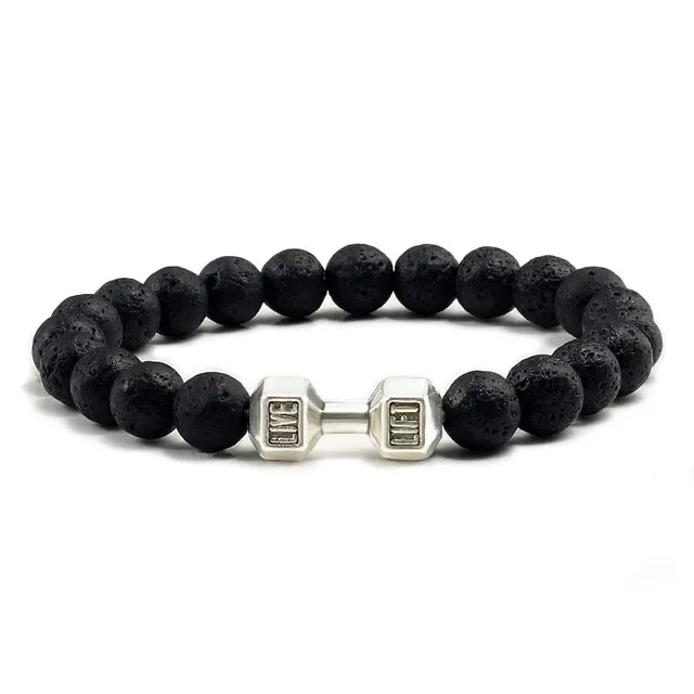 Intriguing black lava stone bead bracelet with a unique silver dumbbell charm, perfect for stylish self-expression.