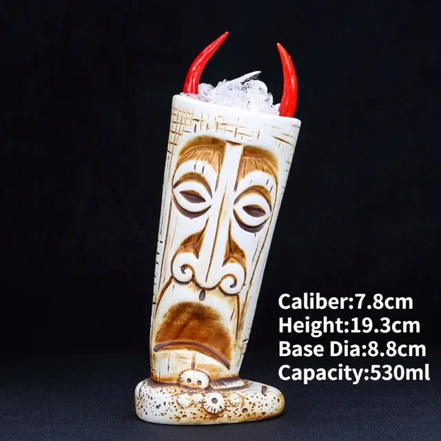 Curious tribal face ceramic mug with red horns, unique home decor drinkware accent