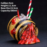 Unique barrel-shaped cocktail mug with red lava design, straws, and ice—eye-catching drinkware for standout home décor.