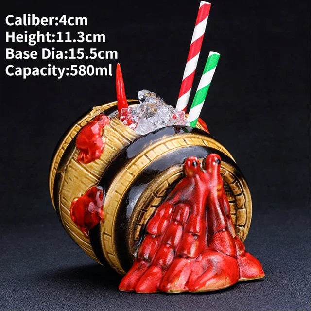 Unique barrel-shaped cocktail mug with red lava design, straws, and ice—eye-catching drinkware for standout home décor.